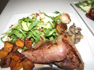 Wallaby fillet, kumara, rocket & pear salad, garlic mushies